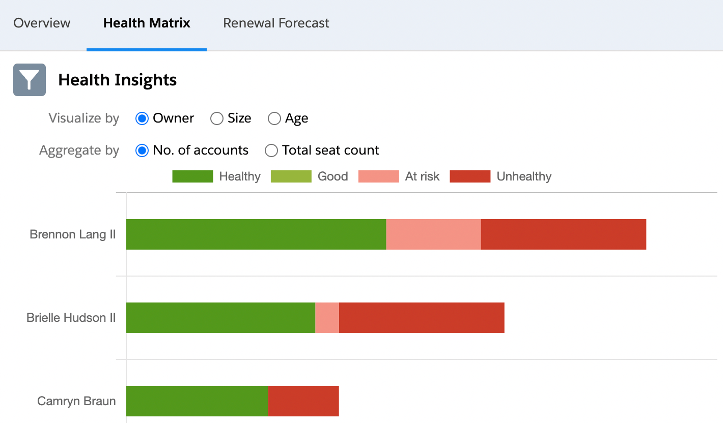 Health score breakdown by owner & account executive